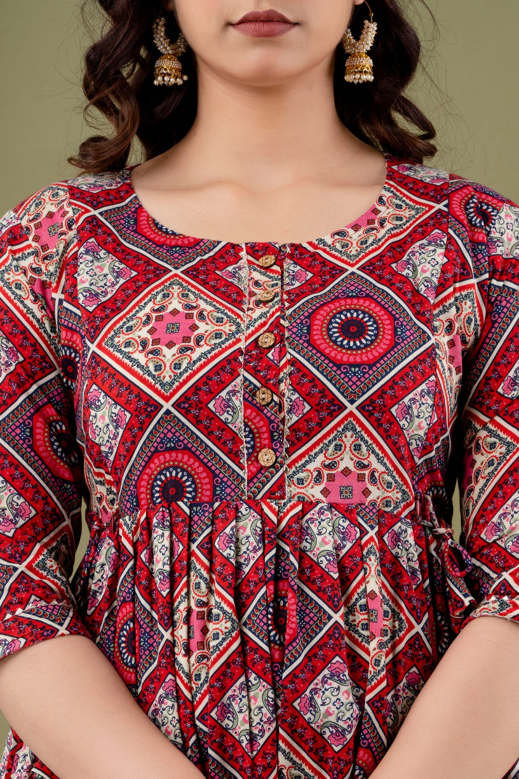 Ziyatrends Pregnancy Kurti with Hidden Zippers for Nursing | Stylish Cotton Dress I Ethnic Print Maroon