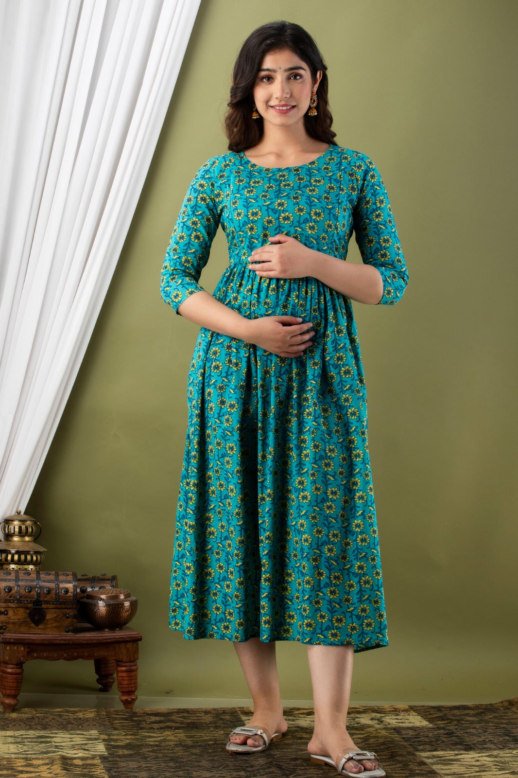 Ziyatrends Modern Pregnancy Kurti with Zippers | Maternity Fashion for Nursing Moms I Green Flower print