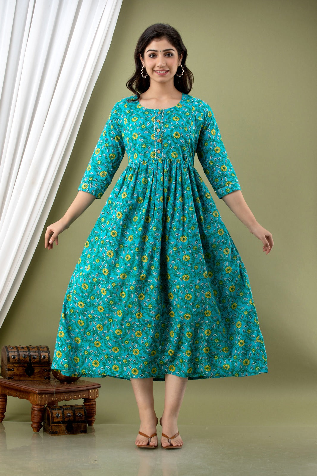 Ziyatrends Modern Pregnancy Kurti with Zippers | Maternity Fashion for Nursing Moms I Green Flower print