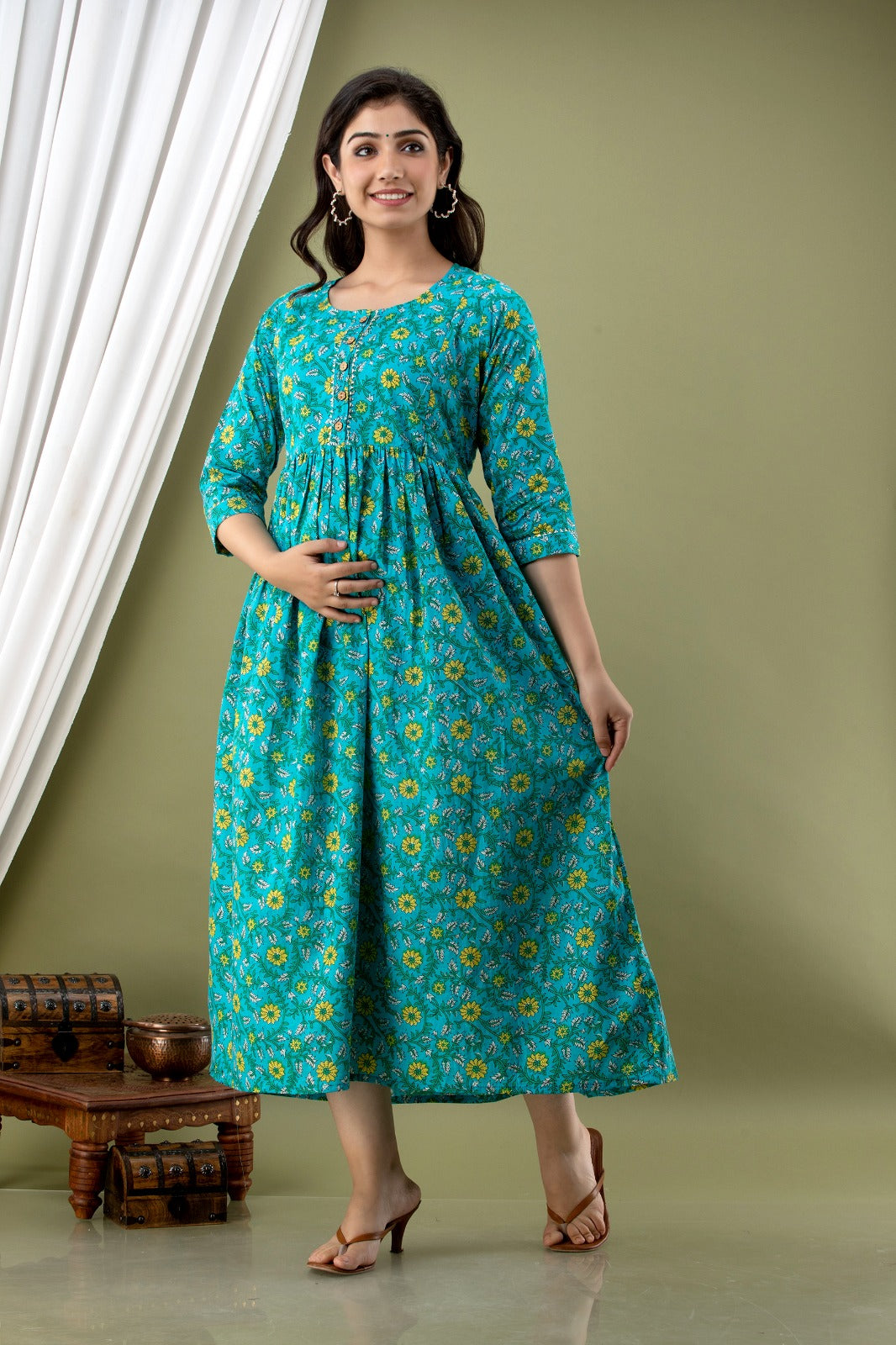Ziyatrends Modern Pregnancy Kurti with Zippers | Maternity Fashion for Nursing Moms I Green Flower print