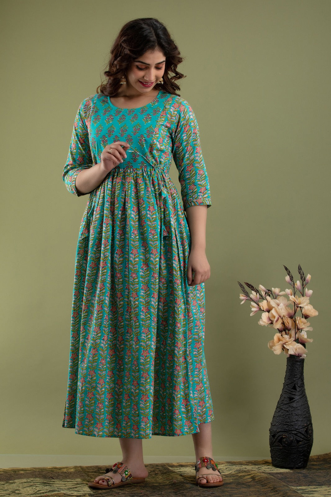 Ziyatrends Pure Cotton Pregnancy Wear | Comfortable Maternity Kurti with Zippers I Green print