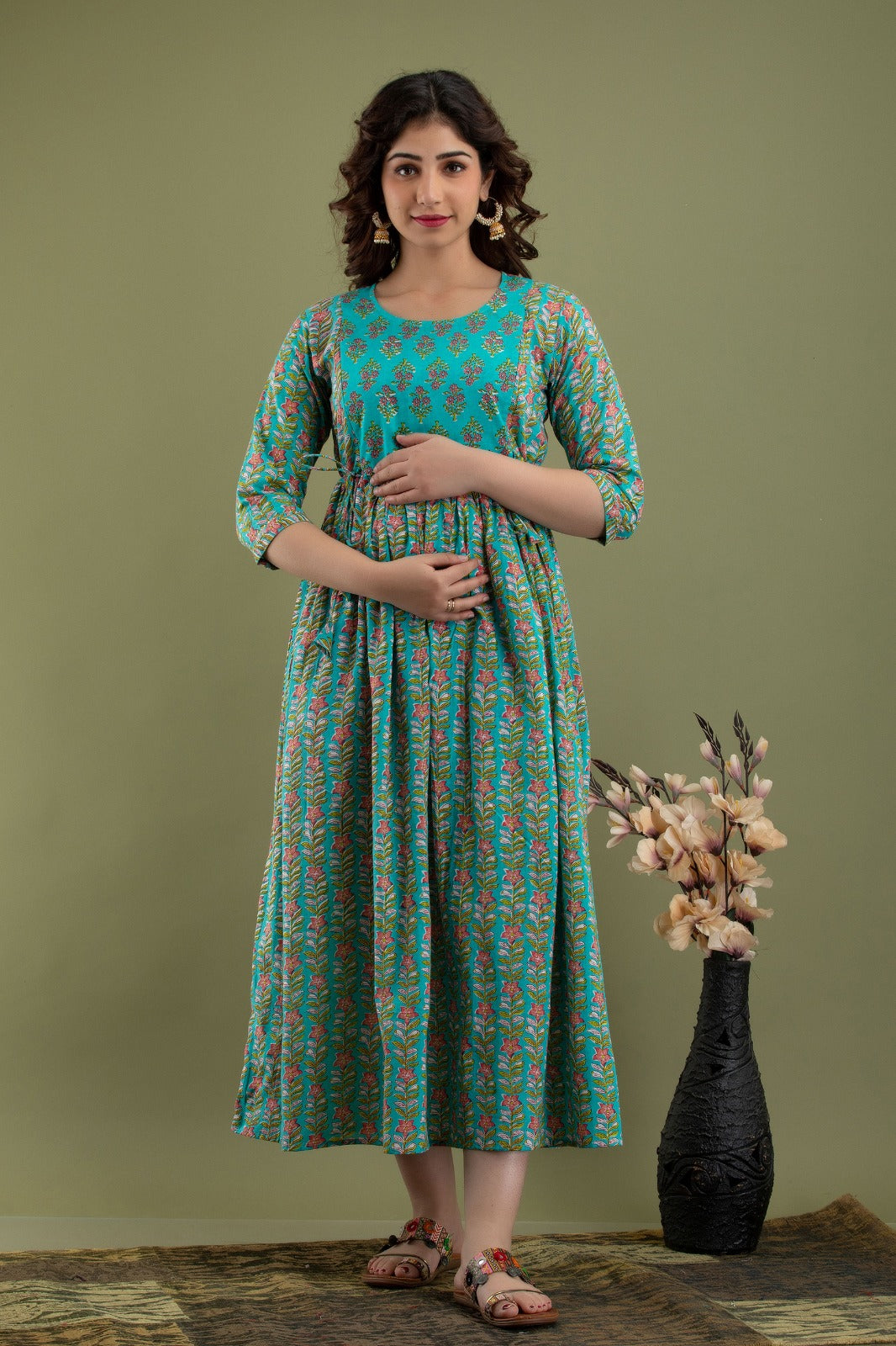 Ziyatrends Pure Cotton Pregnancy Wear | Comfortable Maternity Kurti with Zippers I Green print