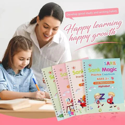 Reusable 4 in 1 Magic Practice Copybook for Kids learning book combo (4 book + pen +10 Refill+Grips)