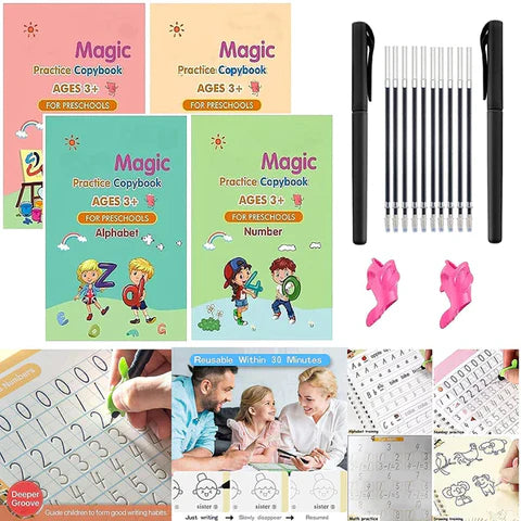 Reusable 4 in 1 Magic Practice Copybook for Kids learning book combo (4 book + pen +10 Refill+Grips)