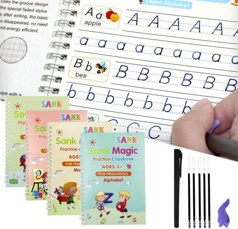 Reusable 4 in 1 Magic Practice Copybook for Kids learning book combo (4 book + pen +10 Refill+Grips)