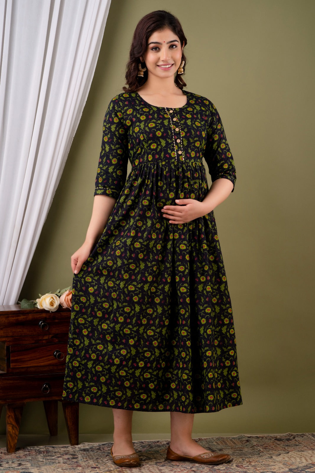 Cotton Feeding Kurti with Dual Zipper Access | Maternity Dress by Ziyatrends  BlackYellow Print