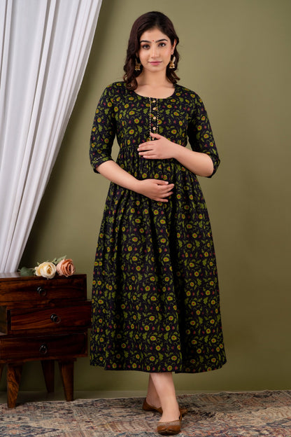 Cotton Feeding Kurti with Dual Zipper Access | Maternity Dress by Ziyatrends  BlackYellow Print