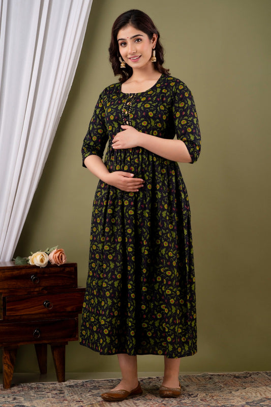 Cotton Feeding Kurti with Dual Zipper Access | Maternity Dress by Ziyatrends  BlackYellow Print