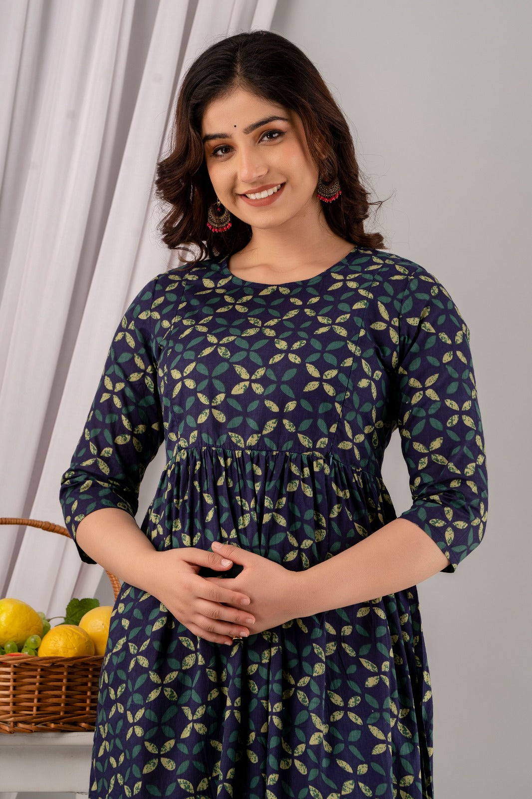 Elegant Pregnancy Dress for Baby Shower | Maternity Kurti with Nursing Zippers I Dark Blue Frill