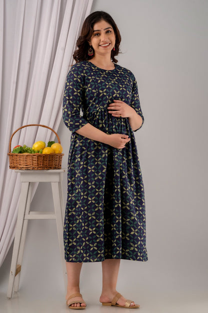 Elegant Pregnancy Dress for Baby Shower | Maternity Kurti with Nursing Zippers I Dark Blue Frill