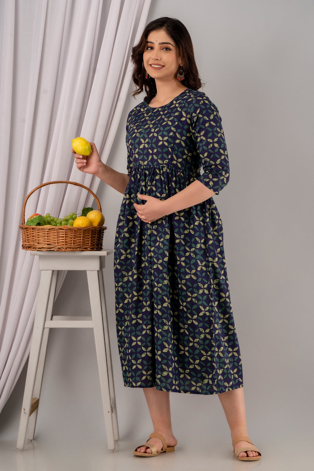 Elegant Pregnancy Dress for Baby Shower | Maternity Kurti with Nursing Zippers I Dark Blue Frill