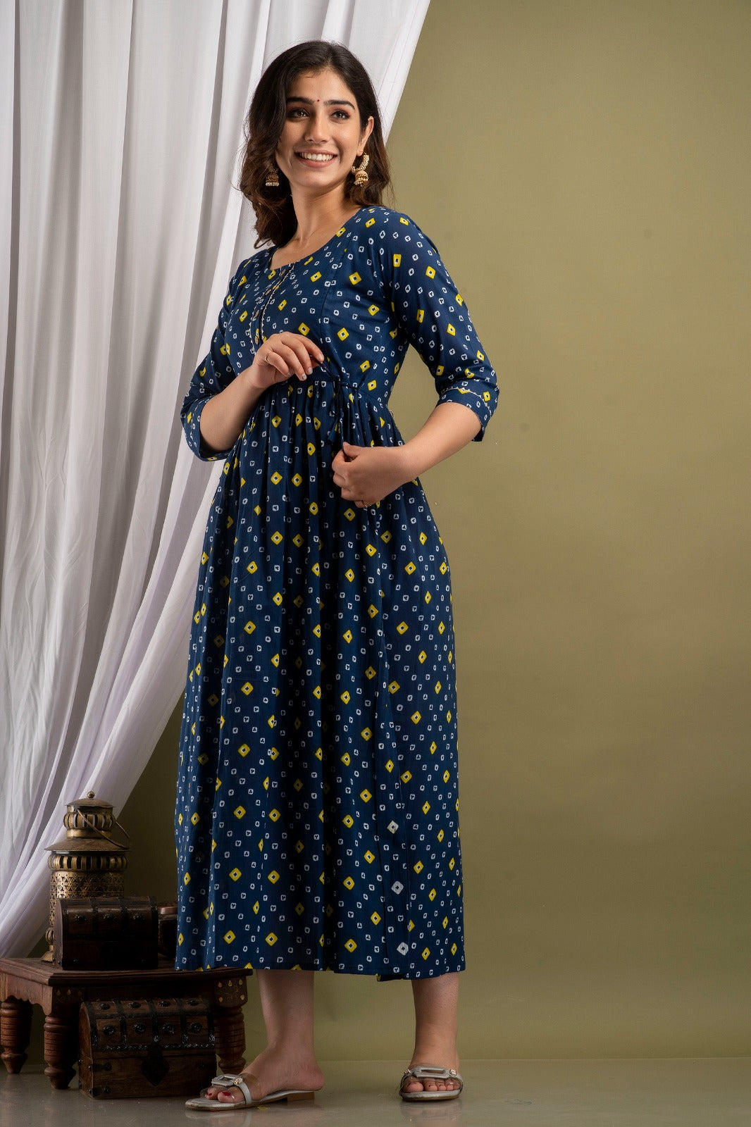 Chic Maternity Kurti with Invisible Vertical Zippers | Ziyatrends Nursing Gown I Dark blue yellow print