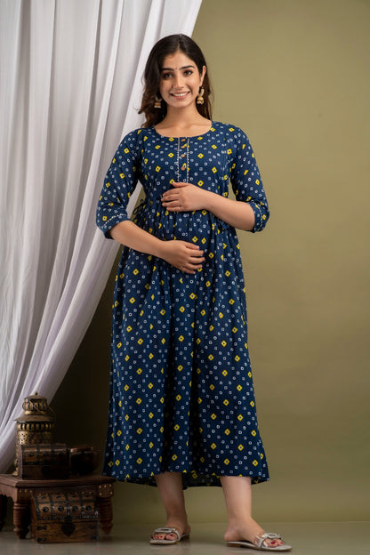 Chic Maternity Kurti with Invisible Vertical Zippers | Ziyatrends Nursing Gown I Dark blue yellow print