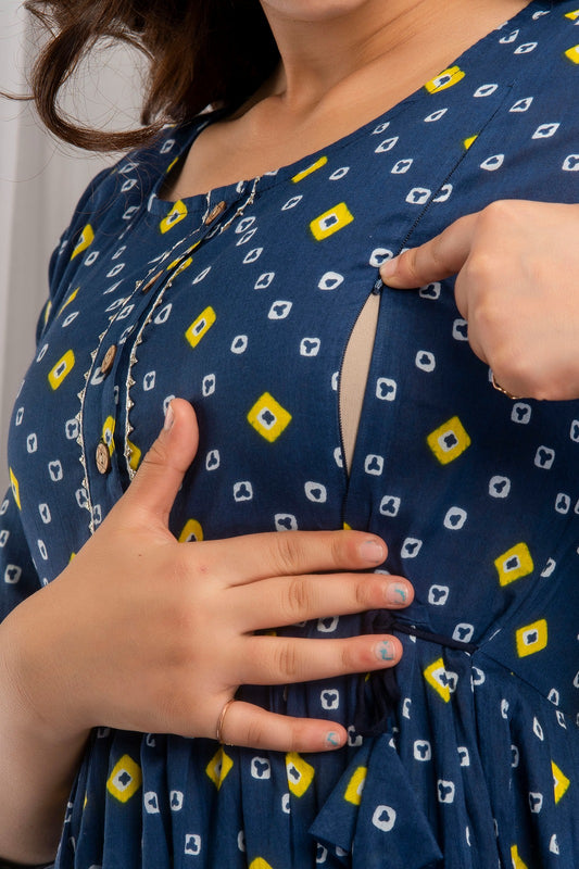 Chic Maternity Kurti with Invisible Vertical Zippers | Ziyatrends Nursing Gown I Dark blue yellow print