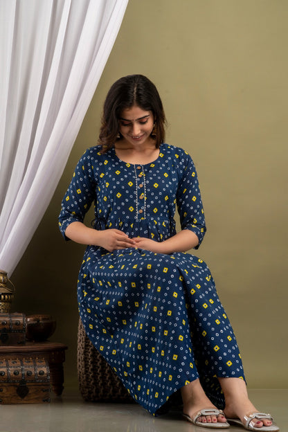 Chic Maternity Kurti with Invisible Vertical Zippers | Ziyatrends Nursing Gown I Dark blue yellow print