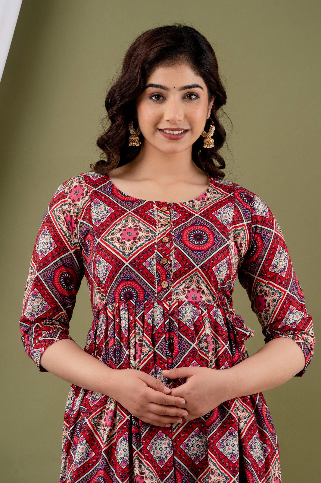 Ziyatrends Pregnancy Kurti with Hidden Zippers for Nursing | Stylish Cotton Dress I Ethnic Print Maroon