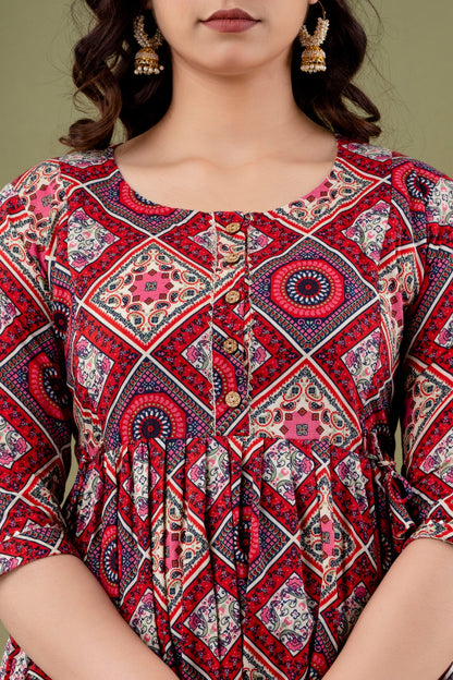 Ziyatrends Pregnancy Kurti with Hidden Zippers for Nursing | Stylish Cotton Dress I Ethnic Print Maroon