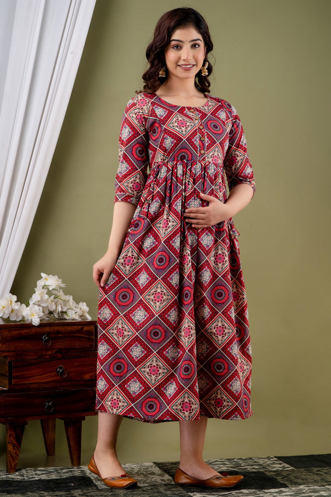 Ziyatrends Pregnancy Kurti with Hidden Zippers for Nursing | Stylish Cotton Dress I Ethnic Print Maroon