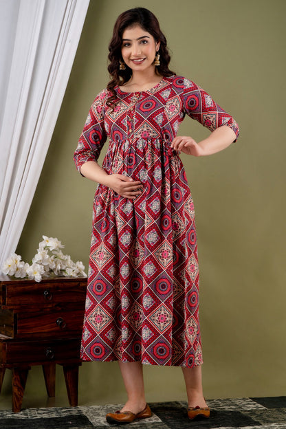 Ziyatrends Pregnancy Kurti with Hidden Zippers for Nursing | Stylish Cotton Dress I Ethnic Print Maroon