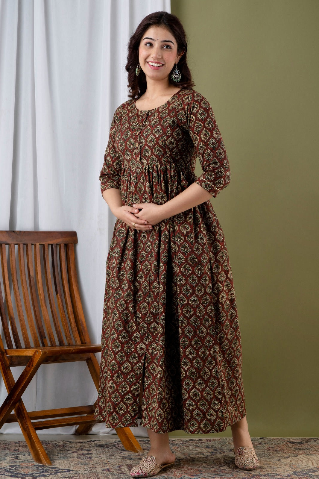 Cotton Feeding Kurti with Dual Zipper Access | Maternity Dress by Ziyatrends  Ethnic Brown