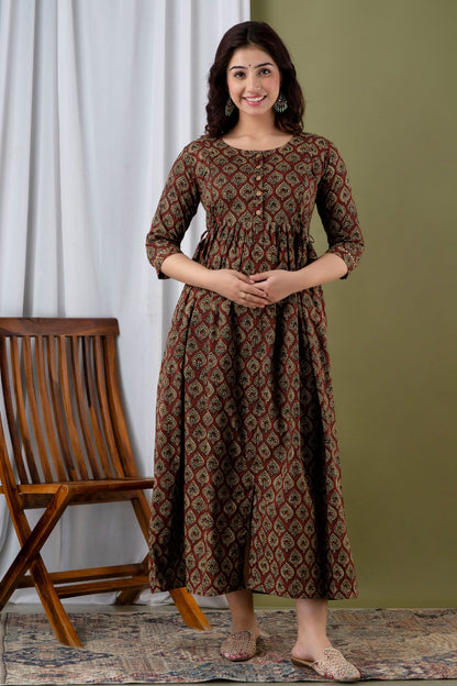 Cotton Feeding Kurti with Dual Zipper Access | Maternity Dress by Ziyatrends  Ethnic Brown