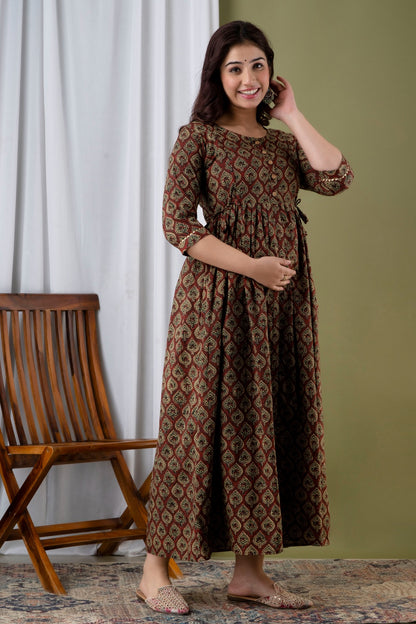 Cotton Feeding Kurti with Dual Zipper Access | Maternity Dress by Ziyatrends  Ethnic Brown