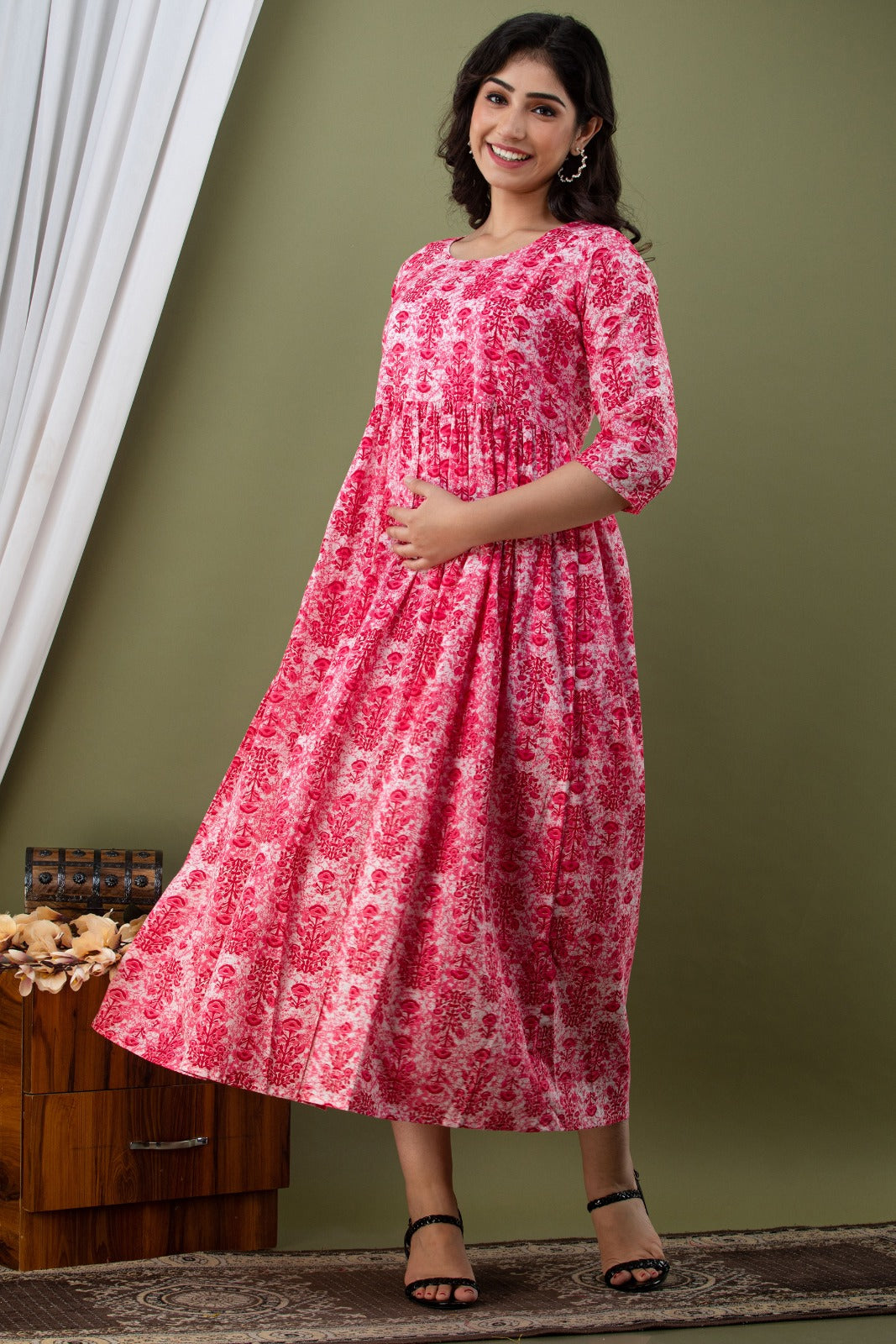 Ziyatrends Pregnancy Kurti with Hidden Zippers for Nursing | Stylish Cotton Dress I Floral Pink