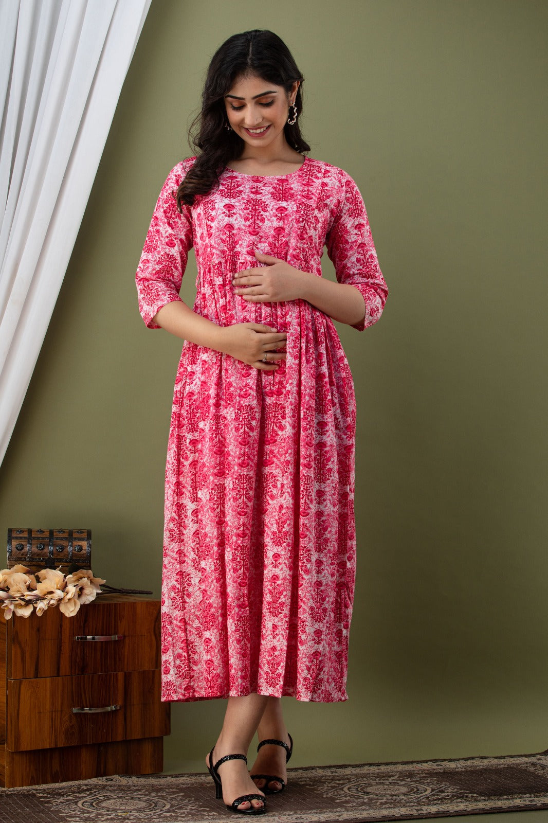 Ziyatrends Pregnancy Kurti with Hidden Zippers for Nursing | Stylish Cotton Dress I Floral Pink