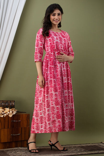 Ziyatrends Pregnancy Kurti with Hidden Zippers for Nursing | Stylish Cotton Dress I Floral Pink