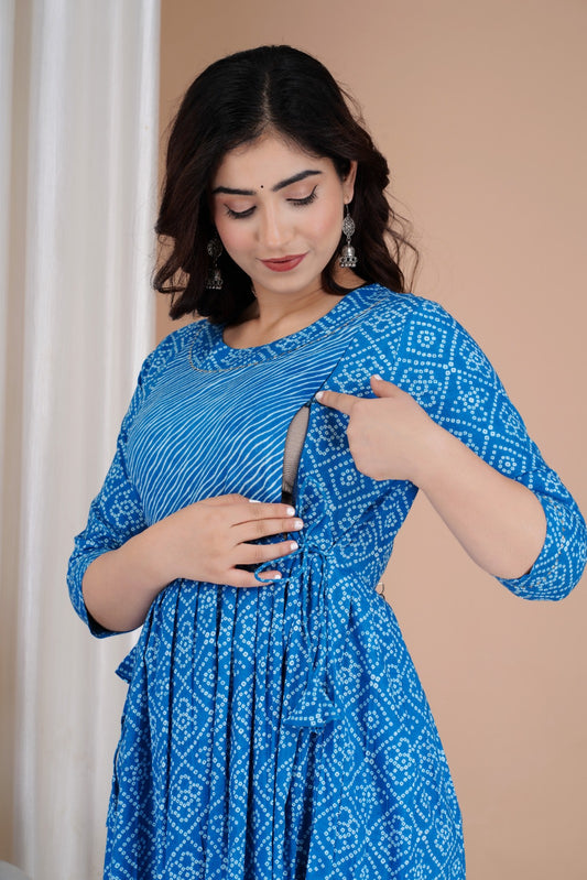 Pregnancy Kurti with Discreet Feeding Zippers | Ziyatrends Cotton Maternity Gown Pregnancy I Latin Blue