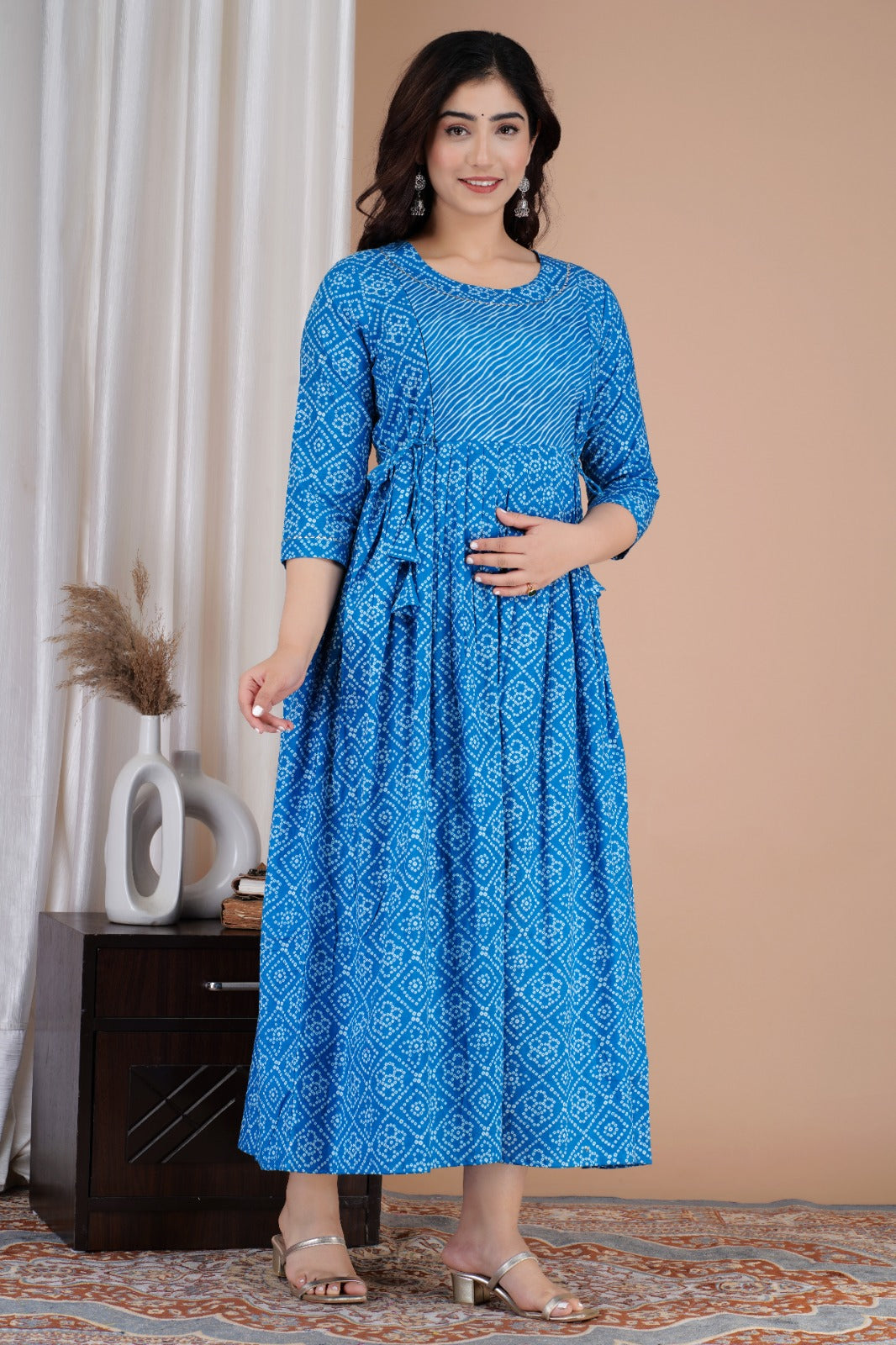 Pregnancy Kurti with Discreet Feeding Zippers | Ziyatrends Cotton Maternity Gown Pregnancy I Latin Blue