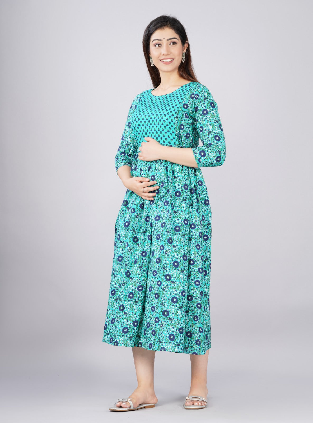 Stylish Maternity Gown with Invisible Zippers for Breastfeeding | Ziyatrends Kurti I Light Blue yoke design