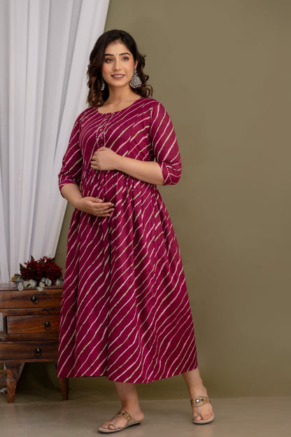 Modern Maternity Dress with Hidden Zippers for Breastfeeding | Ziyatrends Fashion I Maroon