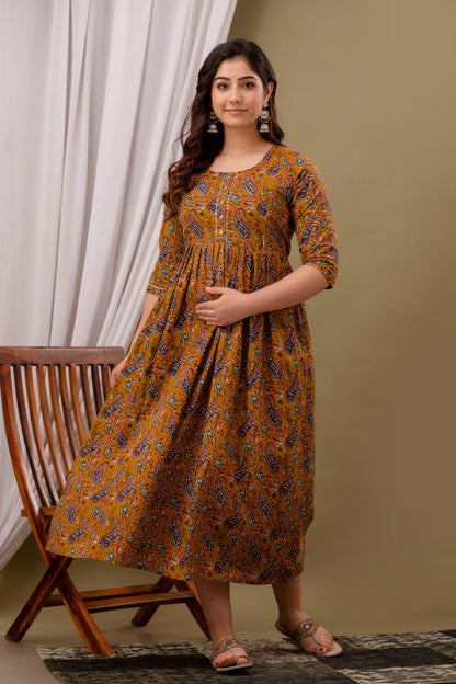 Cotton Maternity Kurti with Dual Zipper Nursing Access | Ziyatrends Pregnancy Wear I Mustard