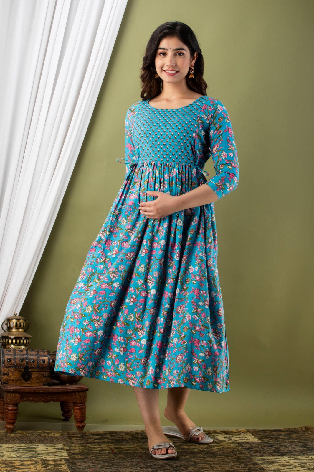 Ziyatrends Nursing Kurti with Dual Zippers | Soft and Breathable Maternity Wear I Pink Blue Yoke