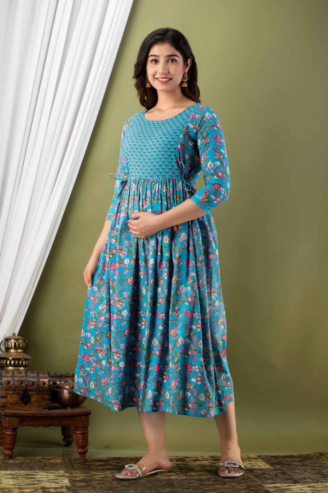 Ziyatrends Nursing Kurti with Dual Zippers | Soft and Breathable Maternity Wear I Pink Blue Yoke