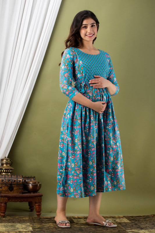 Ziyatrends Nursing Kurti with Dual Zippers | Soft and Breathable Maternity Wear I Pink Blue Yoke