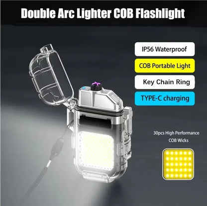 Double Arc Lighter Waterproof High COB Flashlight Windproof 3 Lighting Mode Type-C Rechargeable for Camping Hiking Survival Gear