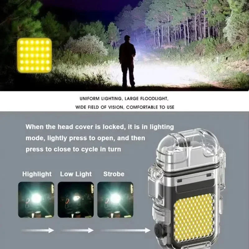 Double Arc Lighter Waterproof High COB Flashlight Windproof 3 Lighting Mode Type-C Rechargeable for Camping Hiking Survival Gear