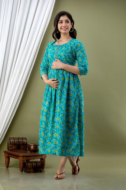 Pure Cotton Maternity Kurti with Stretchable Fabric | Ziyatrends Pregnancy Fashion I Teal Blue