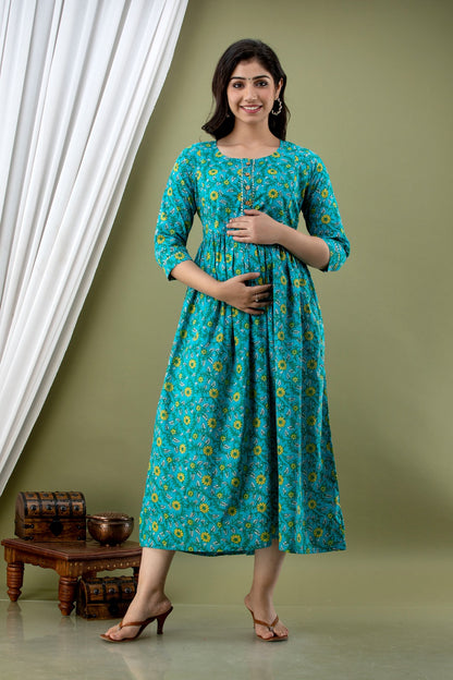 Pure Cotton Maternity Kurti with Stretchable Fabric | Ziyatrends Pregnancy Fashion I Teal Blue