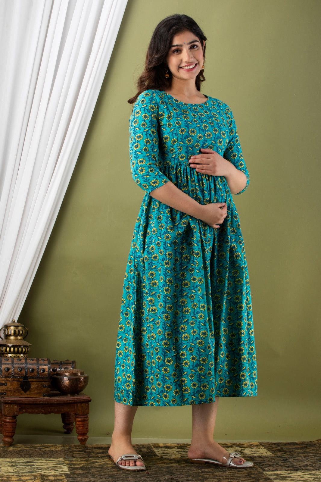 Pure Cotton Maternity Kurti with Stretchable Fabric | Ziyatrends Pregnancy Fashion I Teal Blue