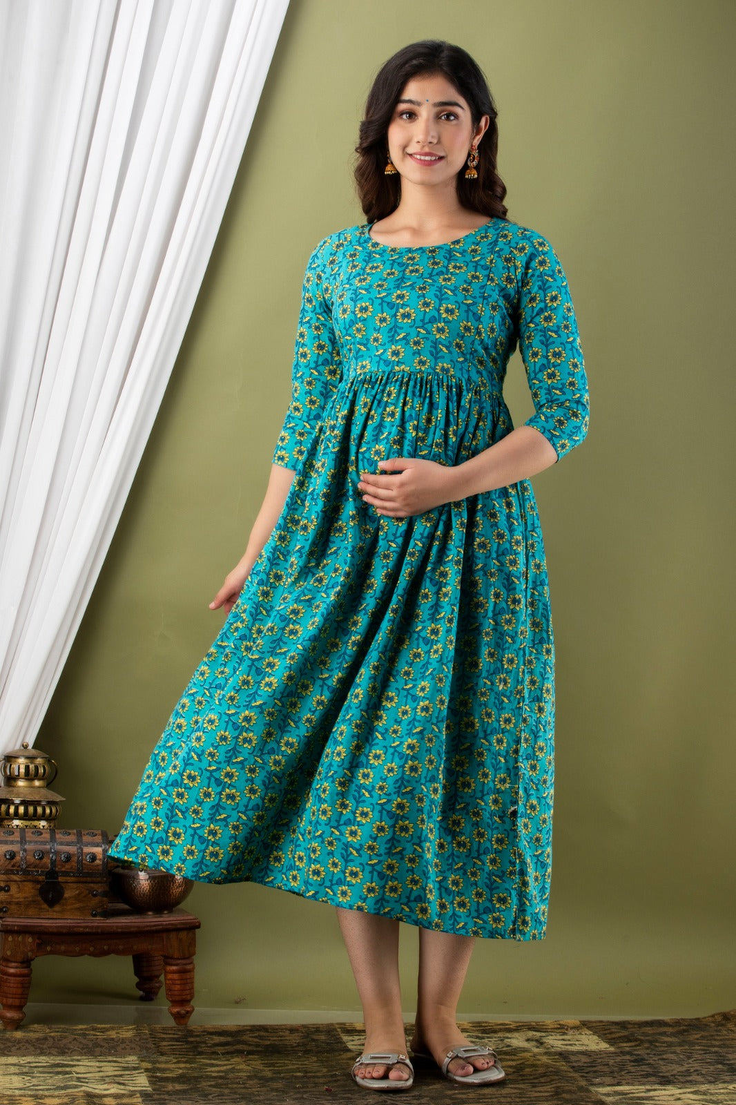 Pure Cotton Maternity Kurti with Stretchable Fabric | Ziyatrends Pregnancy Fashion I Teal Blue