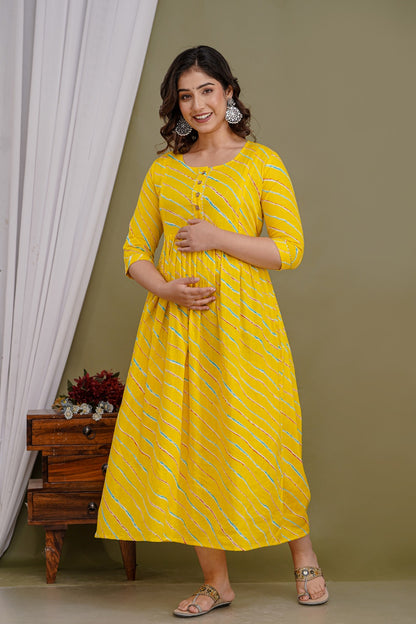 Cotton Feeding Kurti with Dual Zipper Access | Maternity Dress by Ziyatrends I Yellow Stripe print