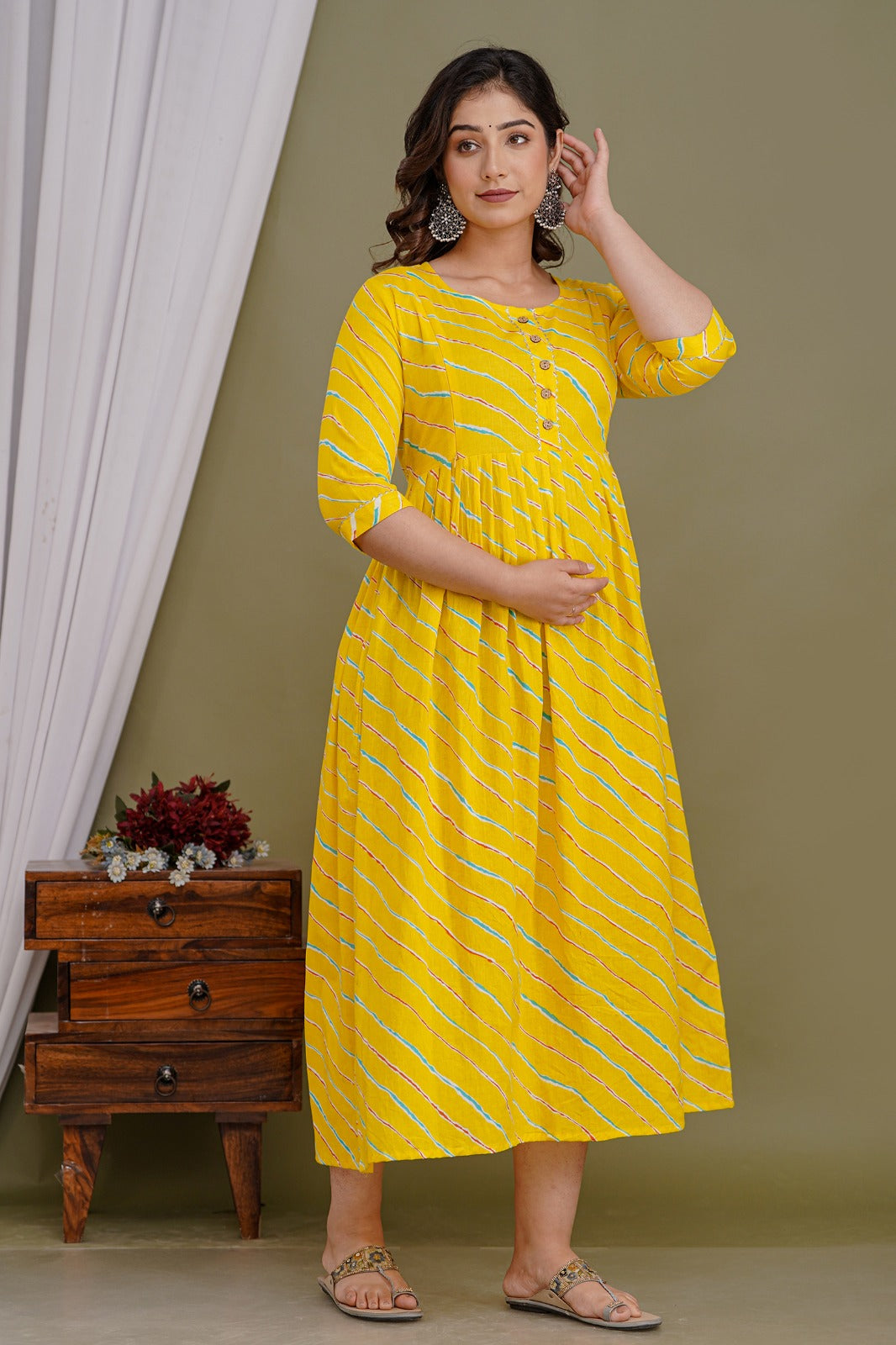 Cotton Feeding Kurti with Dual Zipper Access | Maternity Dress by Ziyatrends I Yellow Stripe print