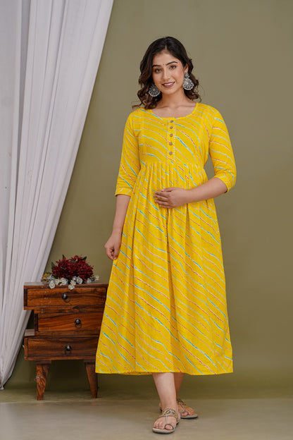 Cotton Feeding Kurti with Dual Zipper Access | Maternity Dress by Ziyatrends I Yellow Stripe print