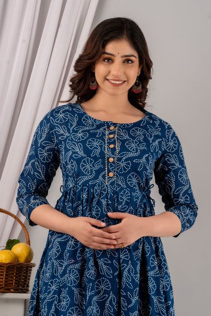 Chic Maternity Kurti with Invisible Vertical Zippers | Ziyatrends Nursing Gown I Navy Blue