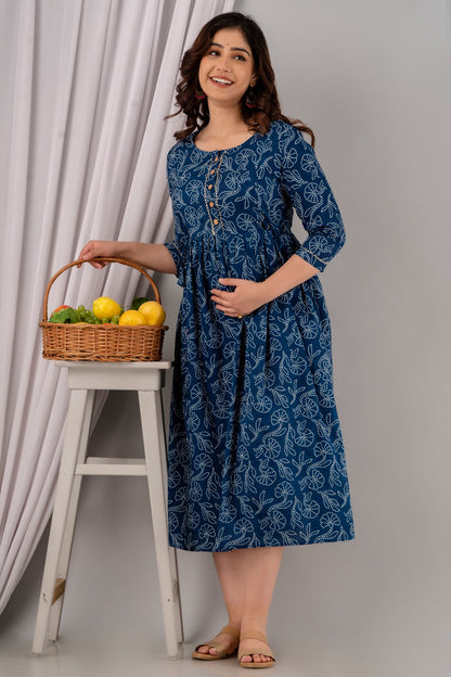 Chic Maternity Kurti with Invisible Vertical Zippers | Ziyatrends Nursing Gown I Navy Blue