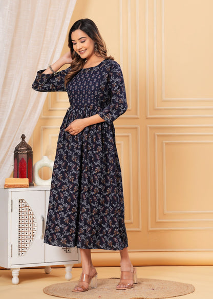 Pure Cotton Maternity Kurti with Stretchable Fabric Feeding zipper| Ziyatrends Pregnancy Fashion I Dark Blue