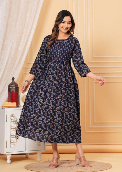 Pure Cotton Maternity Kurti with Stretchable Fabric Feeding zipper| Ziyatrends Pregnancy Fashion I Dark Blue